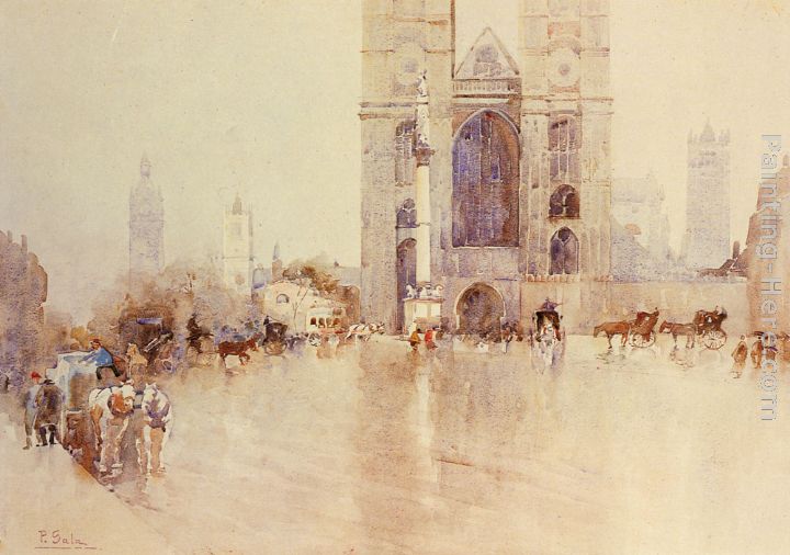 Westminister Abbey with the Houses of Parliament and big Ben in the Distance painting - Paolo Sala Westminister Abbey with the Houses of Parliament and big Ben in the Distance art painting